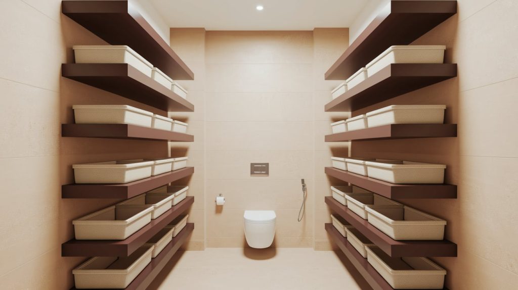 Floating Brown Shelves with Beige Storage Baskets