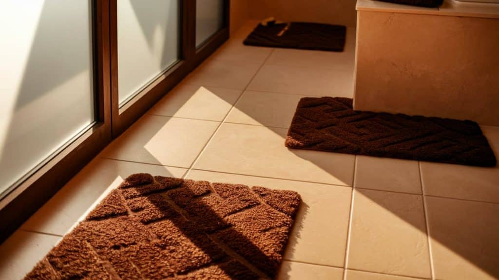 Light Beige Ceramic Floor Tiles with Dark Brown Rugs