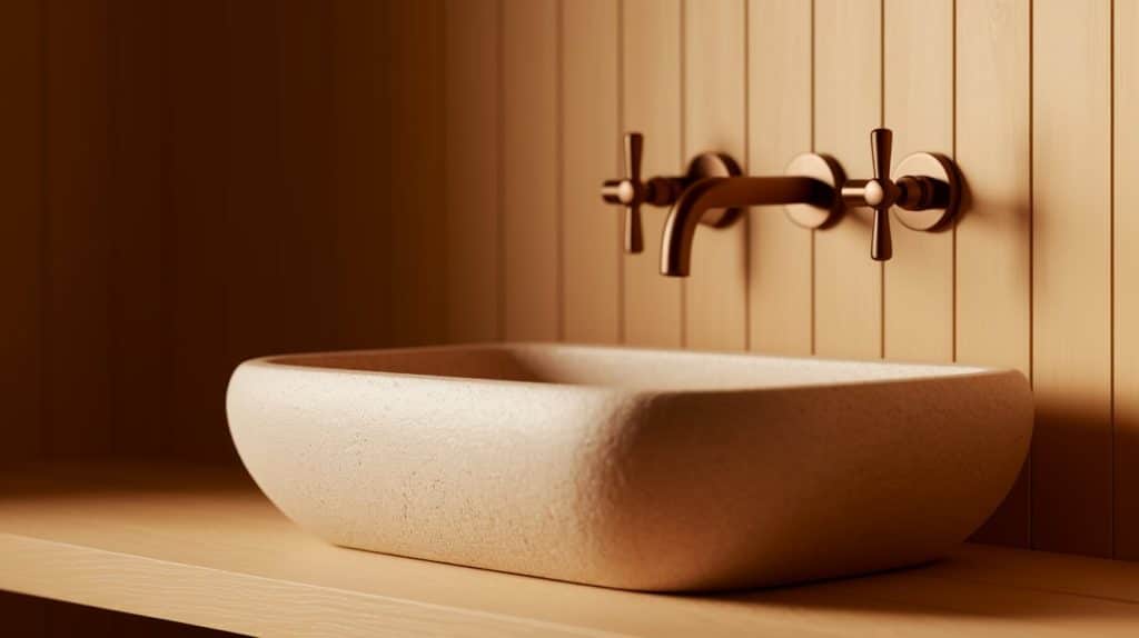 Matte Bronze Faucets Over a Beige Stone Sink