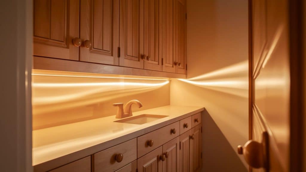 Natural Wood Bathroom Cabinets with Beige Knobs