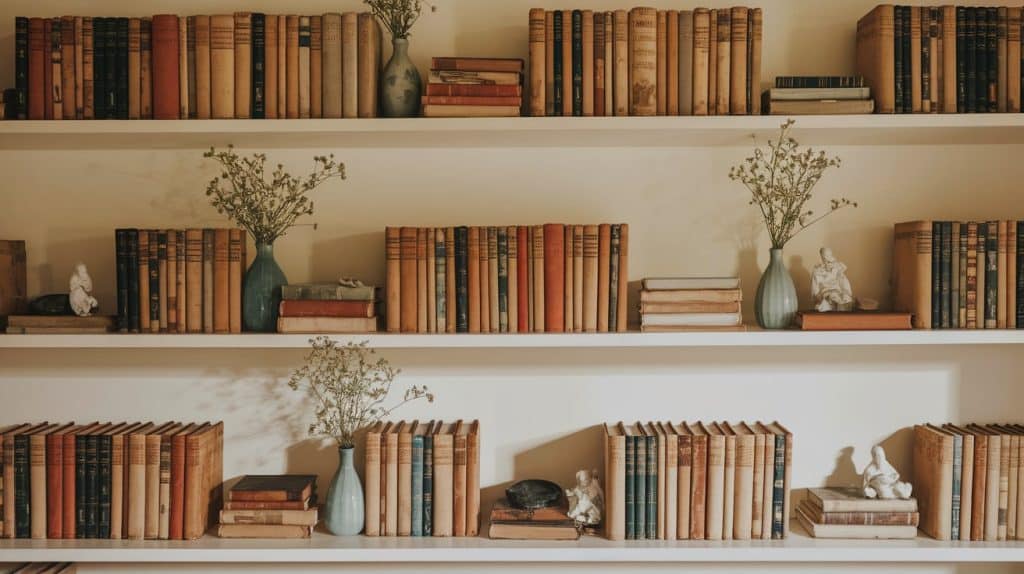 Open Shelves with Antique Books and Trinkets