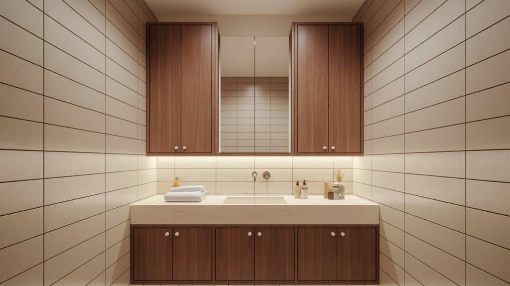 Wall-Mounted Brown Cabinets Over Beige Tiled Walls