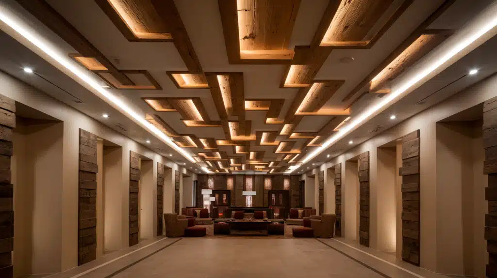 Wood-Panel Accented False Ceiling
