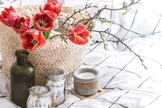 Objects of home cozy decor in the interior of the room .With beautiful red tulips .The concept of decor and home atmosphere