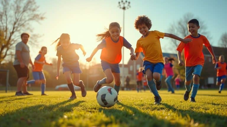 A group of children playing soccer joyfully