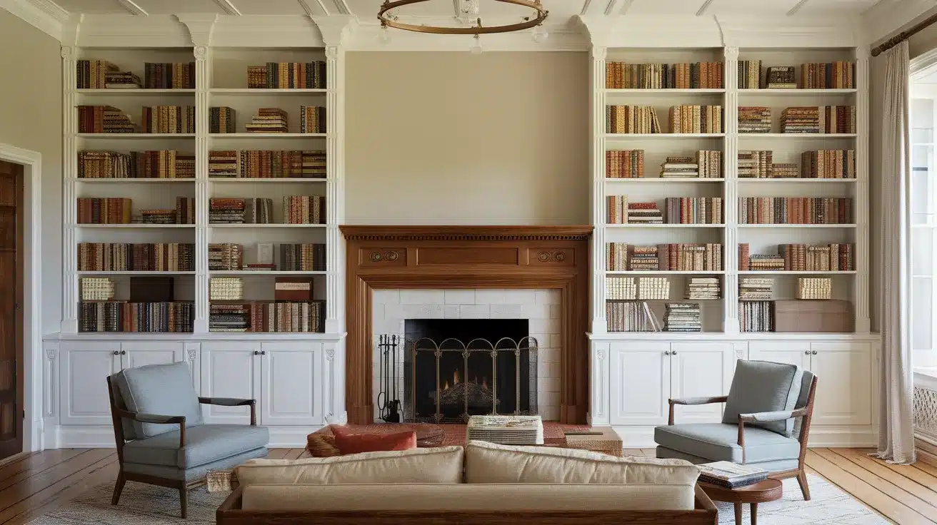 Colonial-Inspired_Fireplace_with_Built-in_Bookcases
