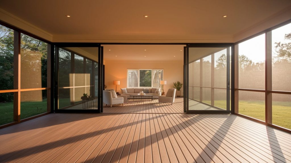 Deck with Sliding Glass Doors Leading to Screened Area