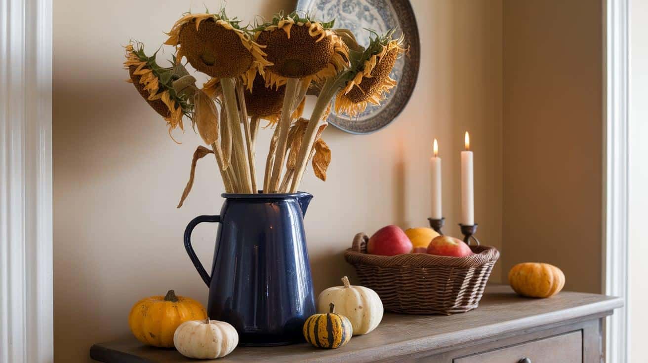 Enamelware_Pitcher_with_Dried_Sunflowers