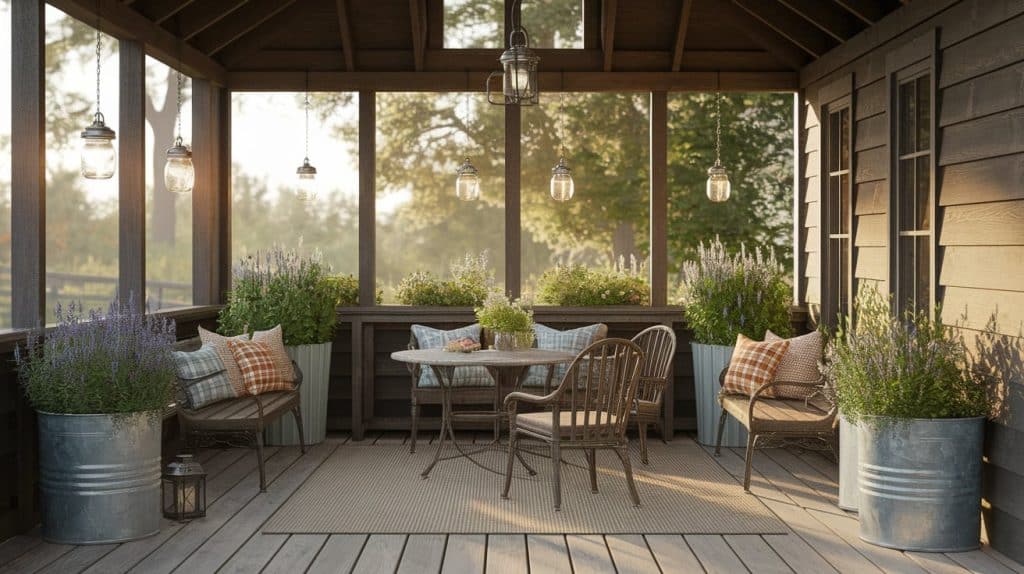 Farmhouse-Inspired Screened Deck with Wooden Beams