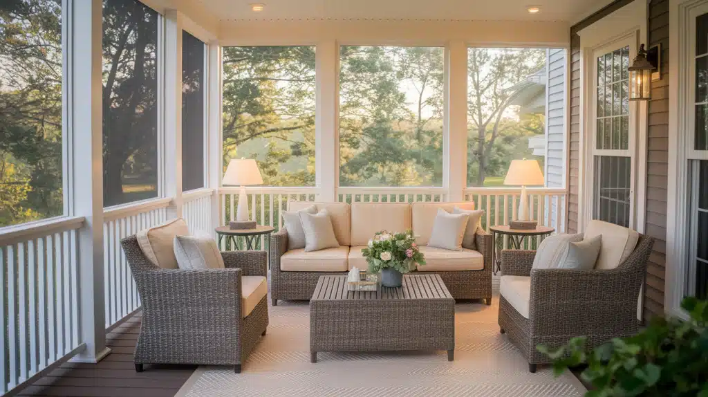 Screened Sunroom-Style Deck with Indoor Furniture
