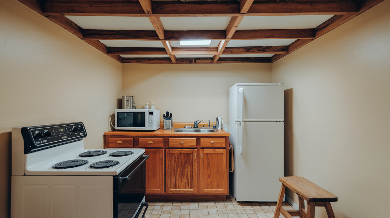 small kitchen with beams