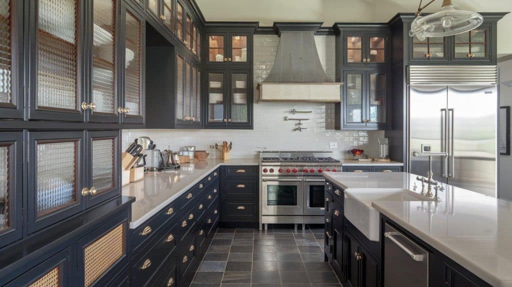 Beaded Black Cabinets with Honed White Surfaces