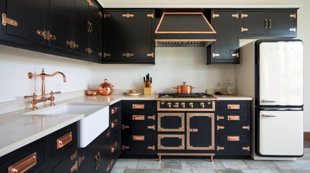 Black Cabinets with Copper Pulls and White Stone Counters