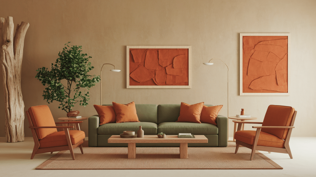 Burnt Orange with Muted Green and Olive Accents