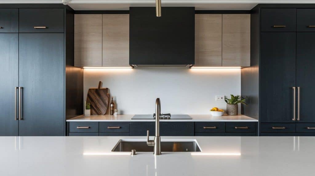 Charcoal Black Cabinets with White Solid Surface Tops
