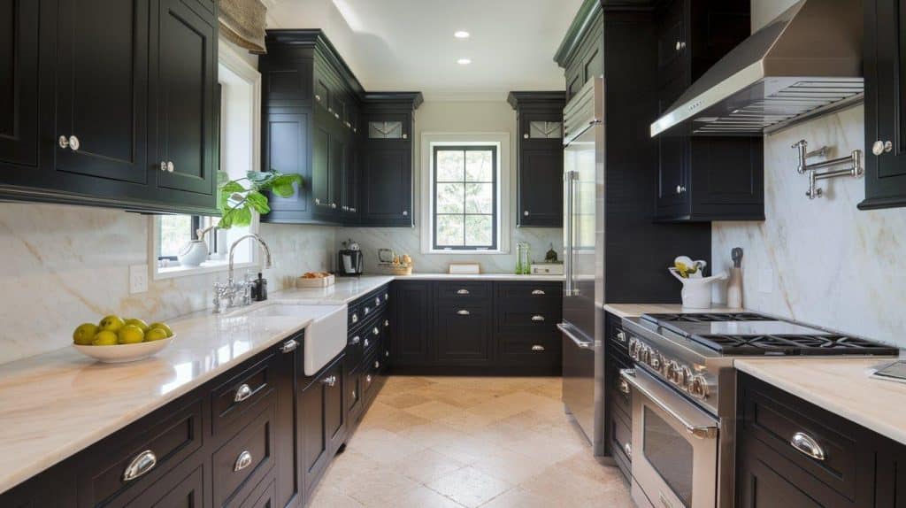 Classic Black Shaker Cabinets with White Marble Tops