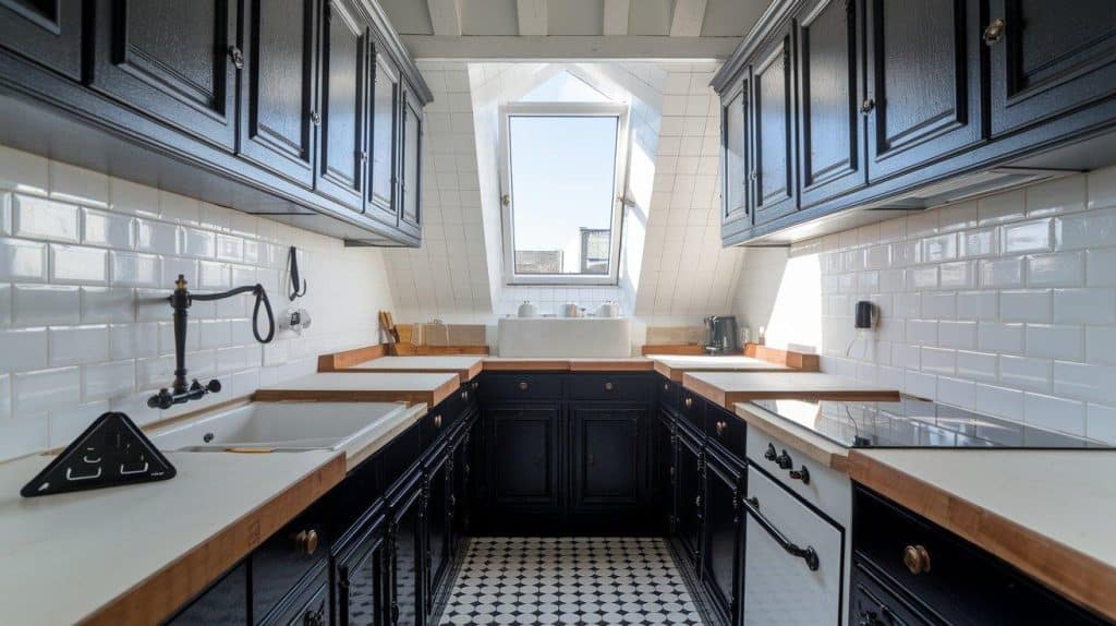 Compact Black Kitchen with Thick White Counters