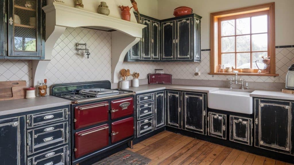 Distressed Black Cabinets with White Soapstone Countertops