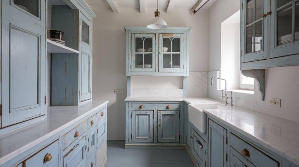 Distressed Blue with Farmhouse Sink