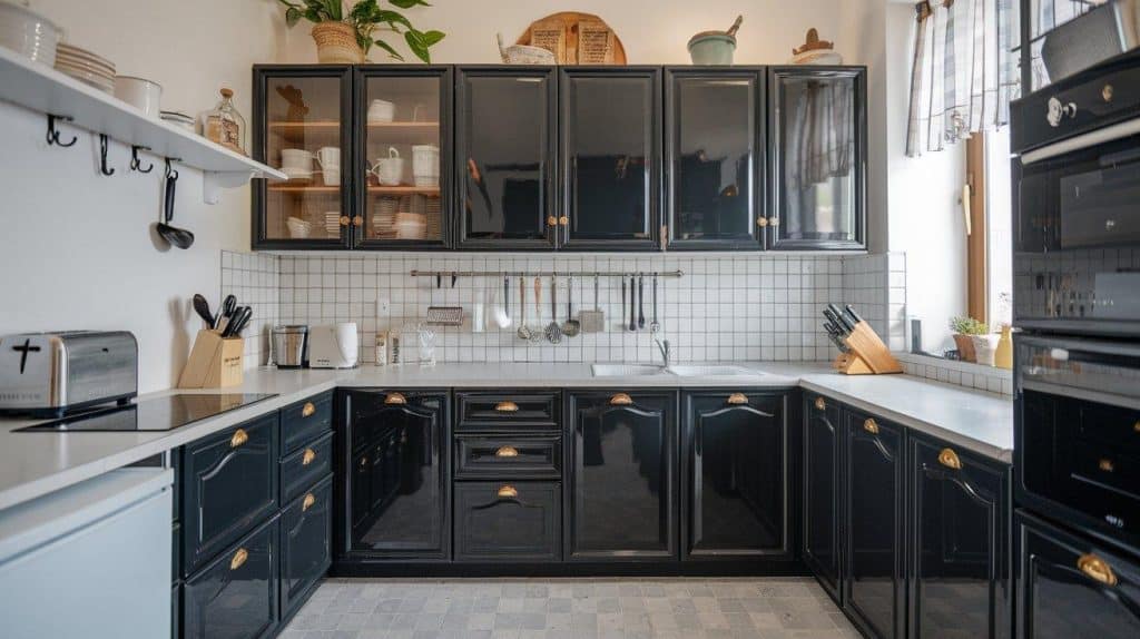 Euro-Style Black Cabinets with Clean White Worktops