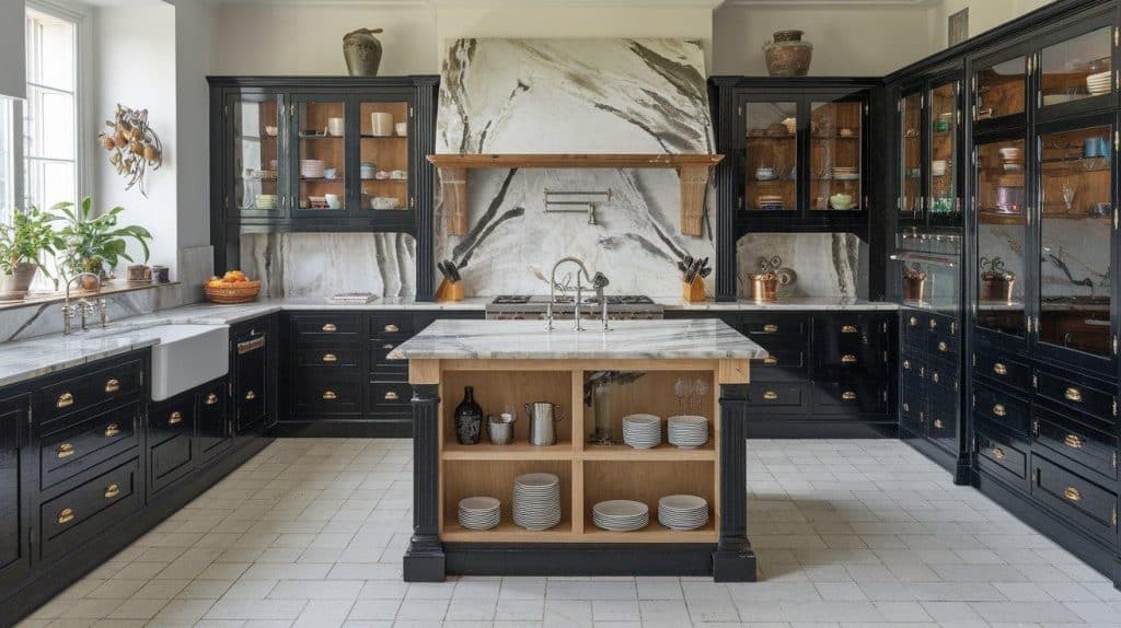 Flat-Panel Black Cabinets with Calacatta Marble Counters
