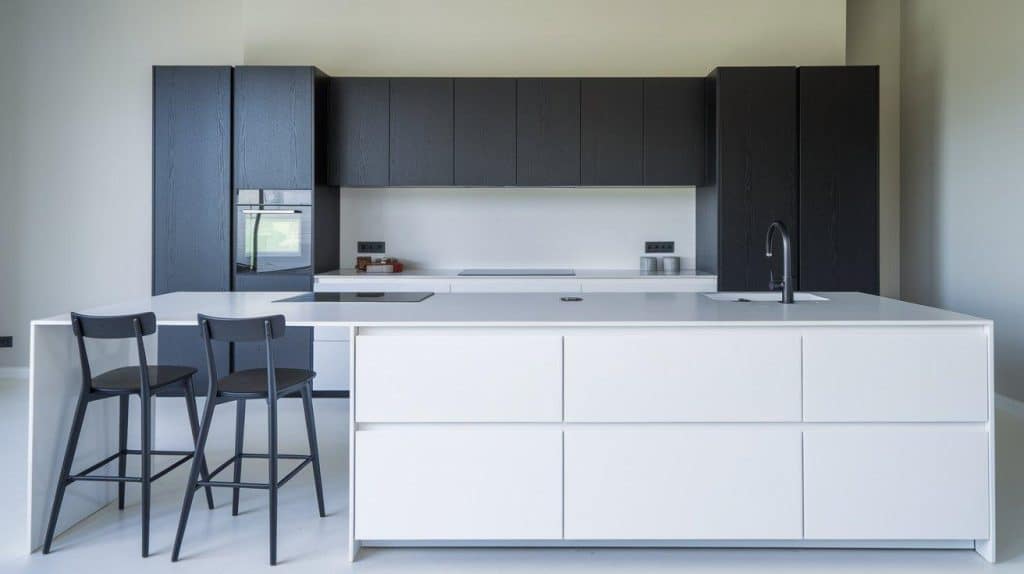 Floating Black Cabinets with Waterfall White Island