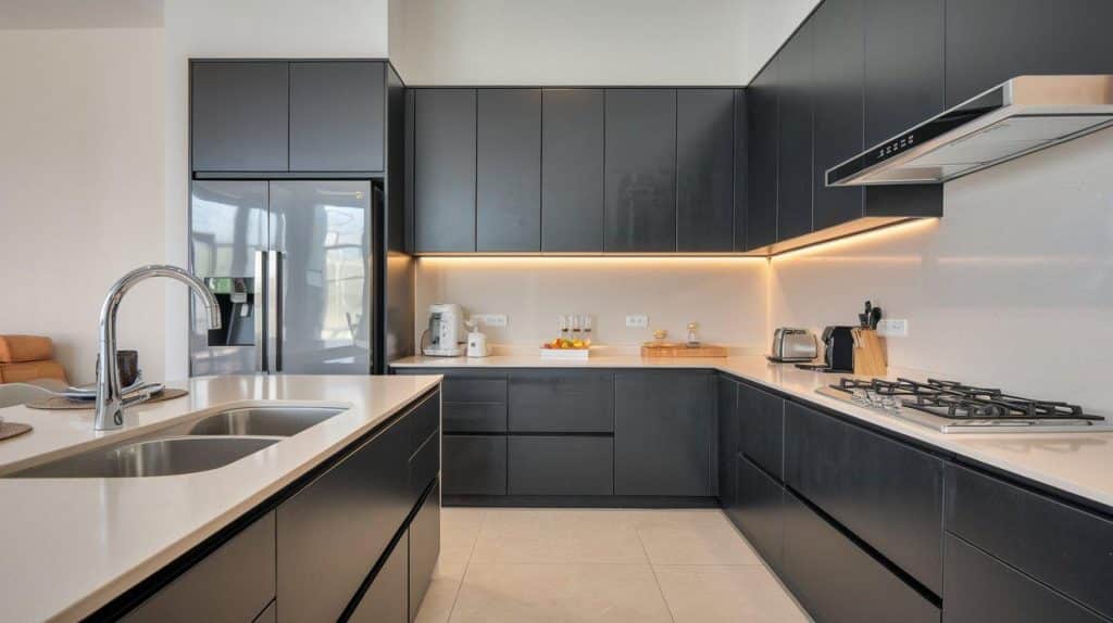 Frameless Black Cabinets with Seamless White Tops