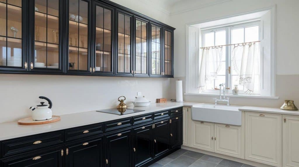 Glass-Front Black Cabinets with White Epoxy Counters