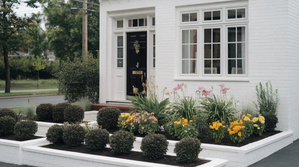 High-Contrast Landscaping Against White Facade