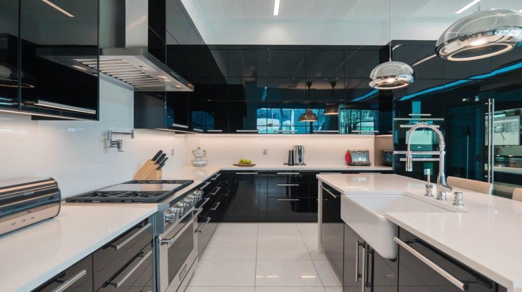 High-Gloss Black Cabinets with Bright White Surfaces