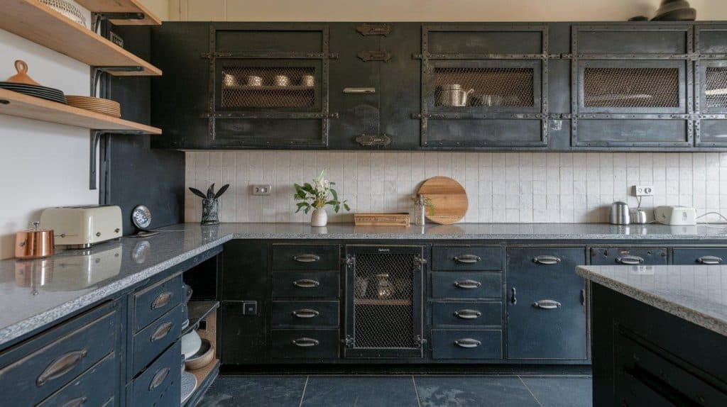 Industrial Black Cabinets with White Granite Countertops
