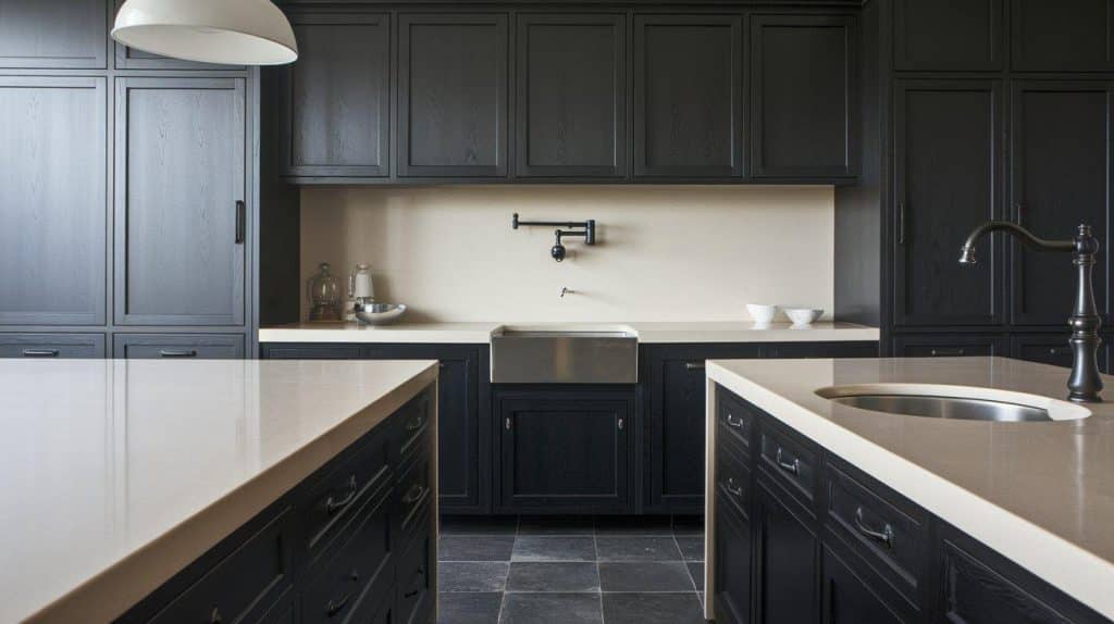 Inset Black Cabinets with Smooth White Surfaces