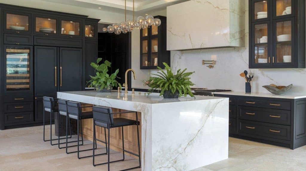 Luxury Black Cabinets with White Marble Waterfall Island