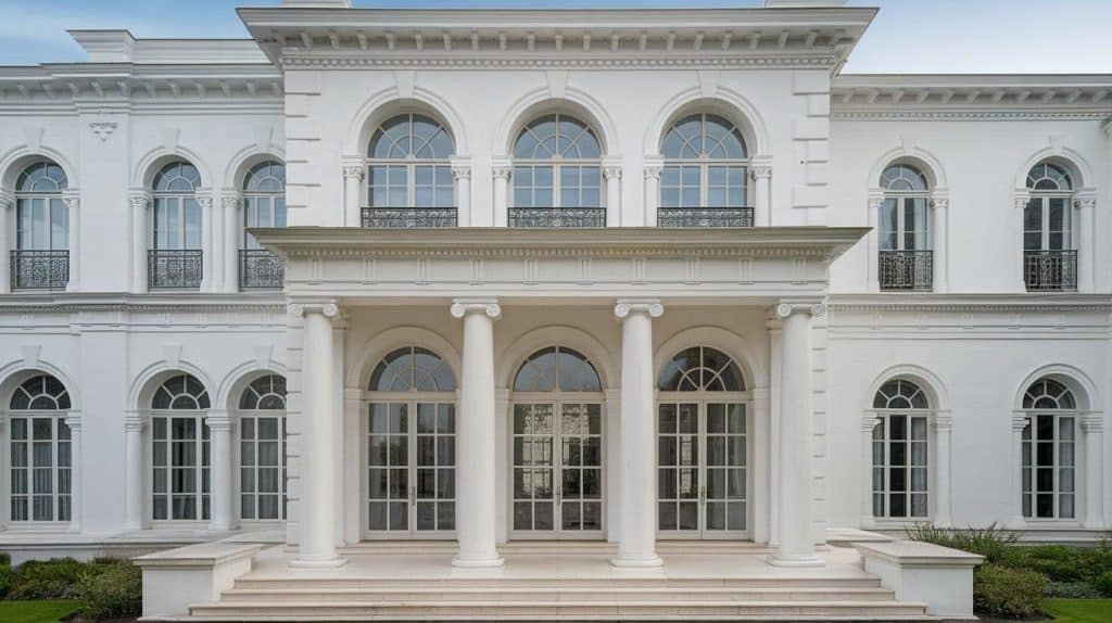 Luxury White Mansion with Arched Windows