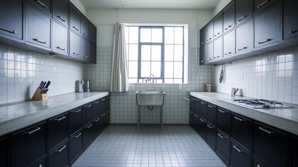 Minimal Black Cabinets with White Concrete Countertops