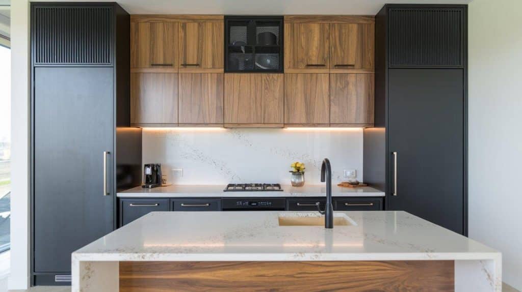 Mixed-Material Black Cabinets with White Resin Counters