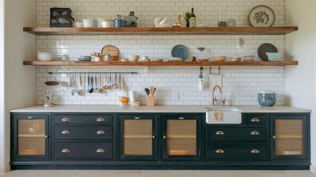 Open-Shelf Black Cabinets with White Subway Backsplash