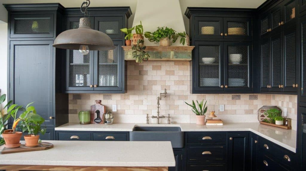 Reclaimed Black Wood Cabinets with Solid White Quartz