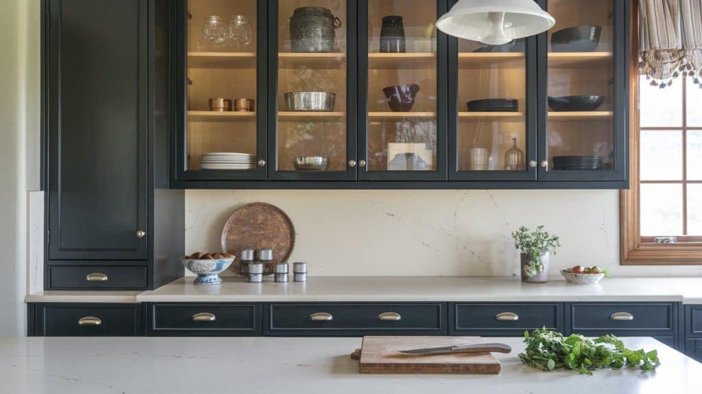 Satin Black Cabinets with Subtle Veined Quartz
