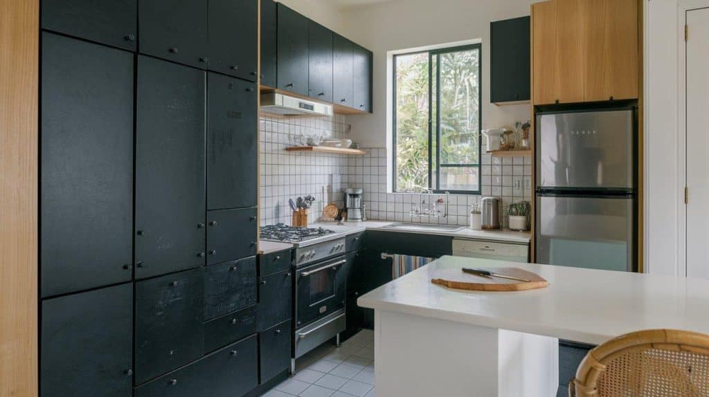 Tall Black Cabinets with White Island Contrast