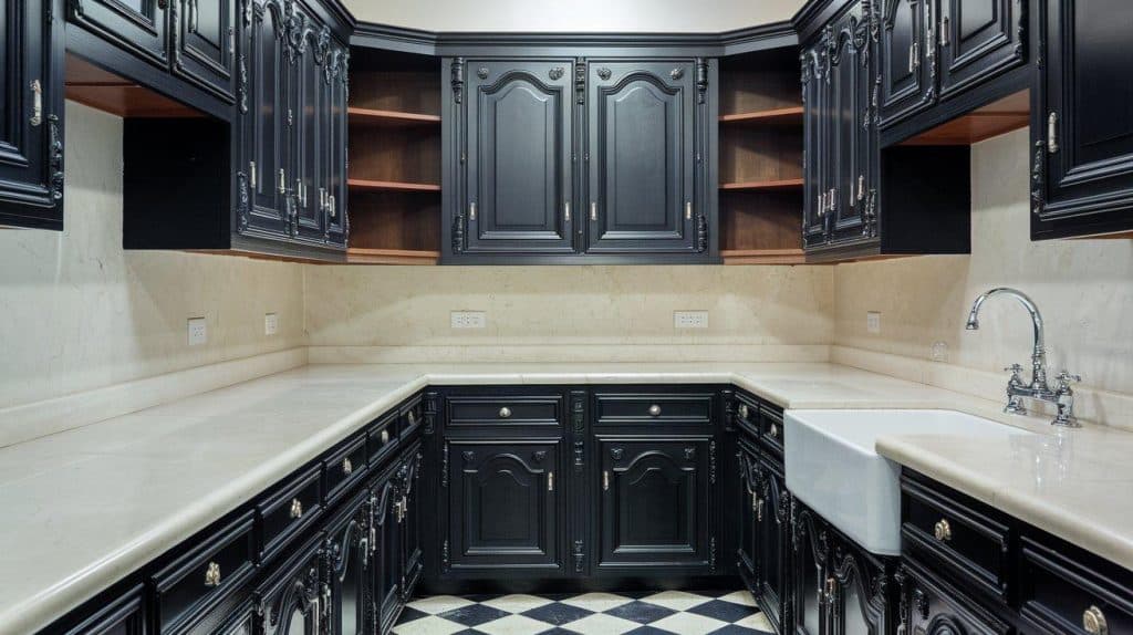 Traditional Black Cabinets with Polished White Counters