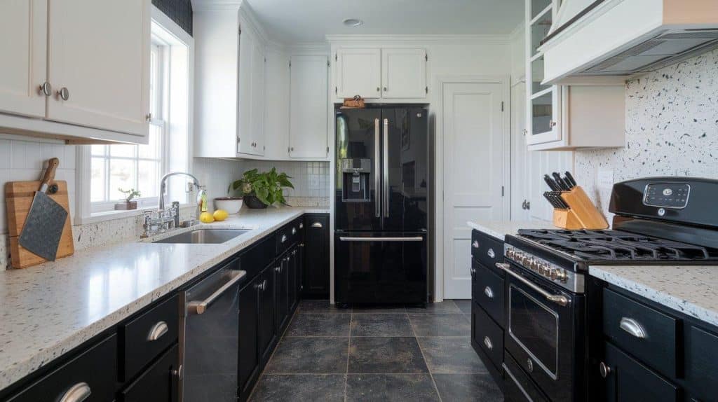 Two-Tone Black and White Cabinets with Quartz Countertops