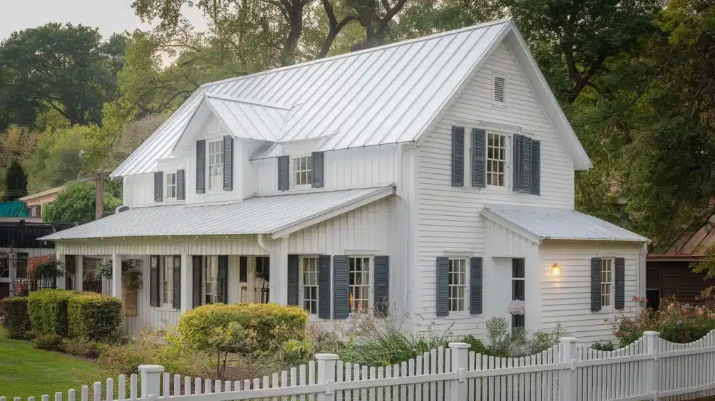 White Panel and Batten Home with White Metal Roof
