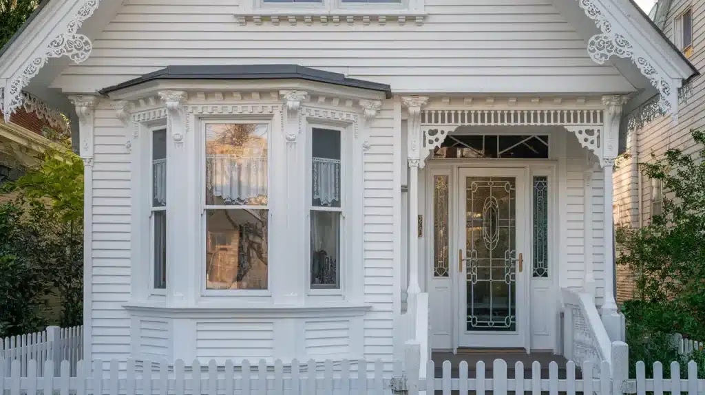 White Victorian with Ornate White Window Trims
