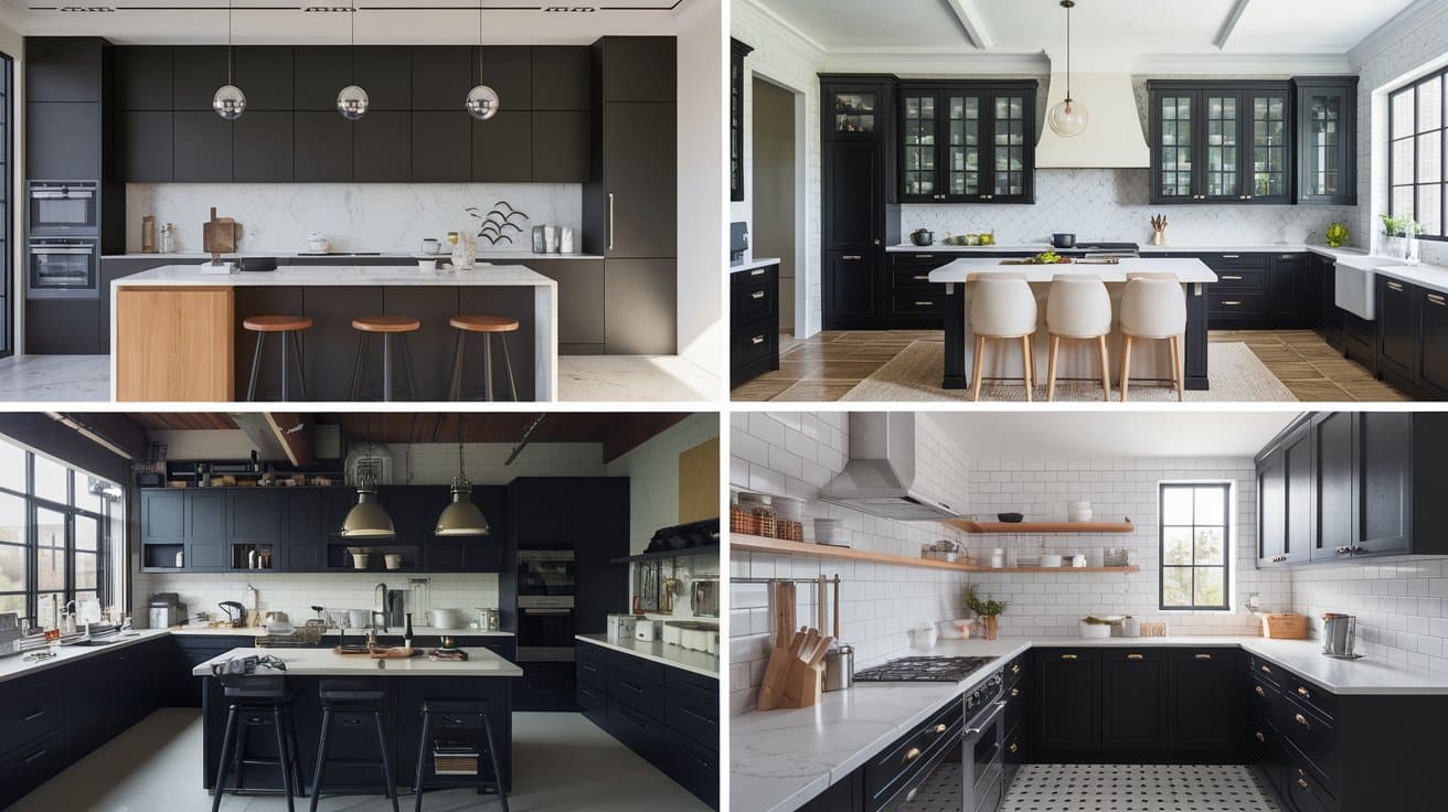 black kitchen cabinets with white countertops